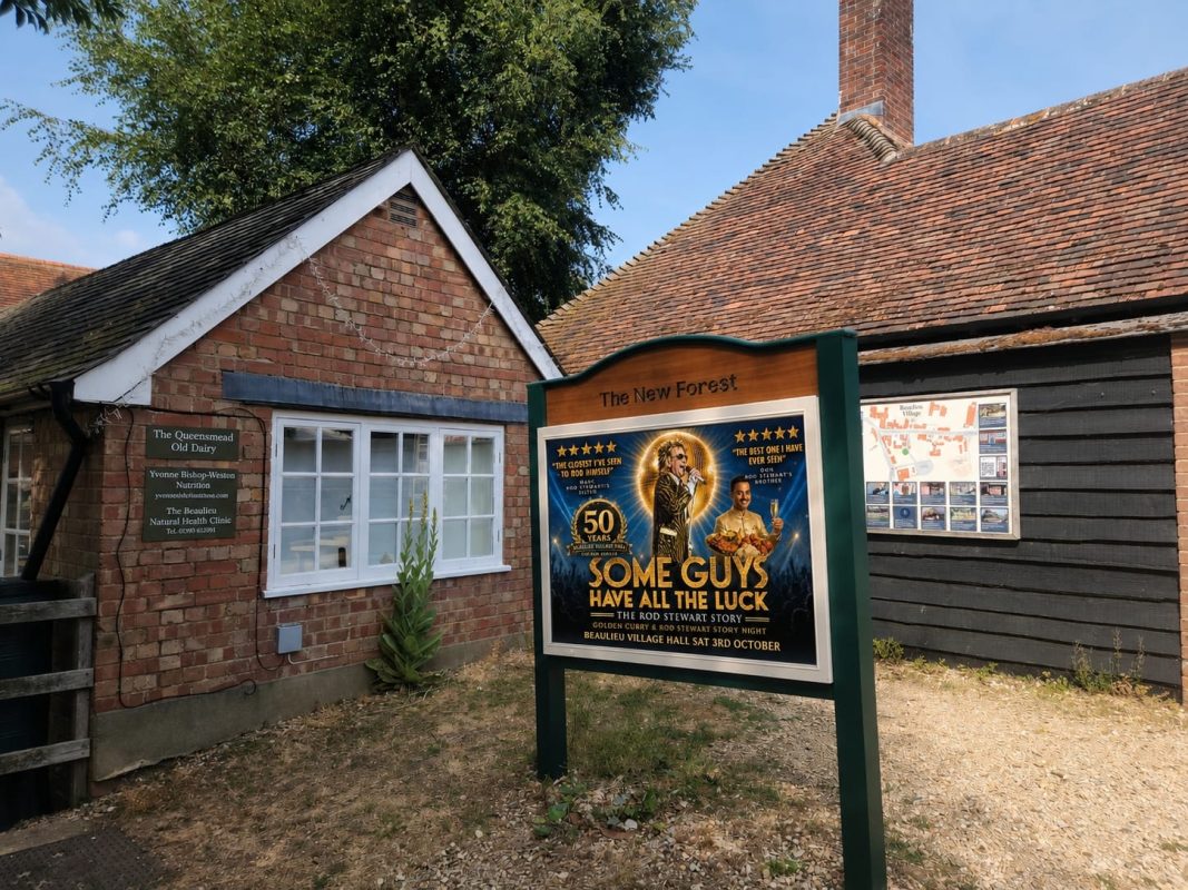 Beaulieu Village Hall Poster re The Rod Stewart Story Concert and Curry night on Saturday the 6th October at 6.30pm with the guy from the London Stage Show "Some Guys have all the luck" endorsed by Rod Stewarts Sister and Brother who say Paul Metcalfe is the next best thing to Rod stewart himself!